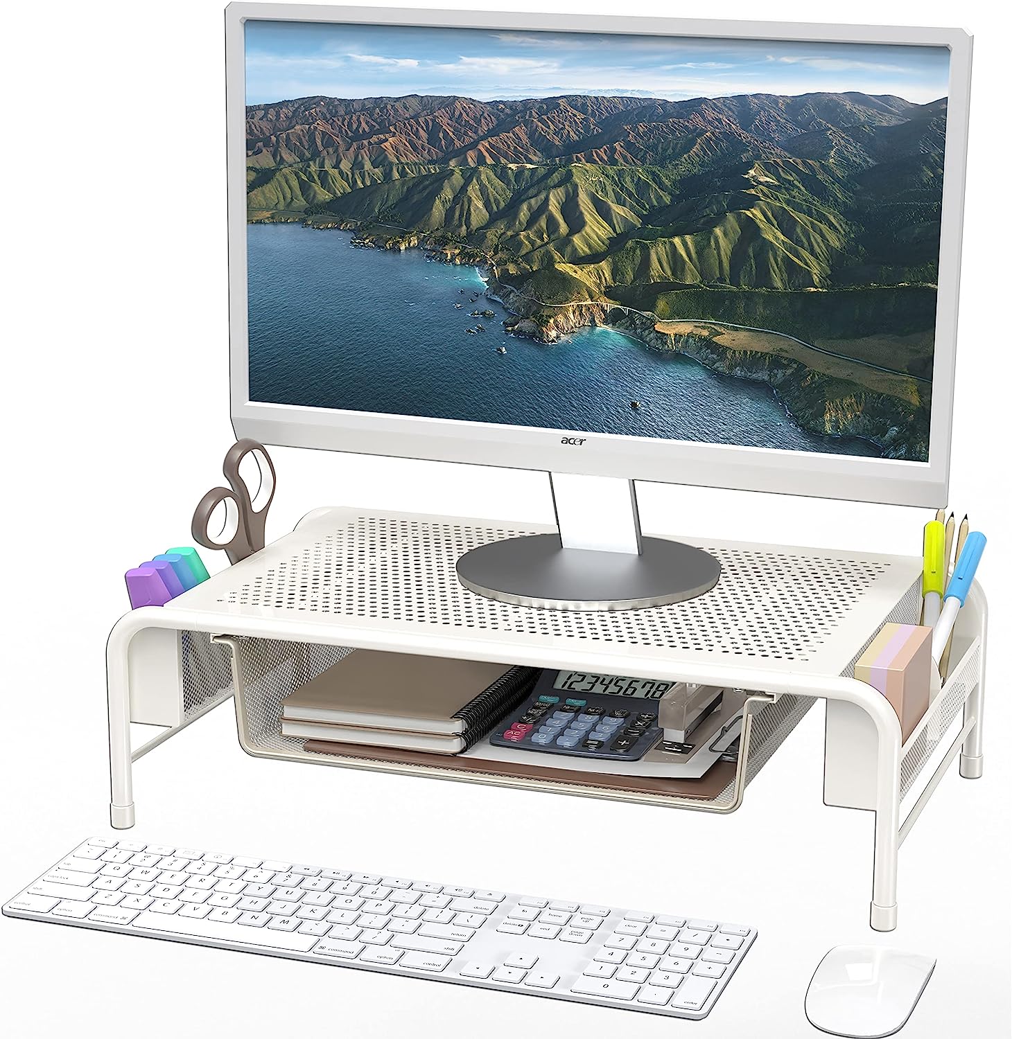 SimpleHouseware Metal Desk Monitor Stand Riser with Organizer Drawer - Image 1